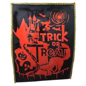 Vintage Halloween Trick‎ or Treat Bag Orange Black Haunted House Witch Cat Ghost